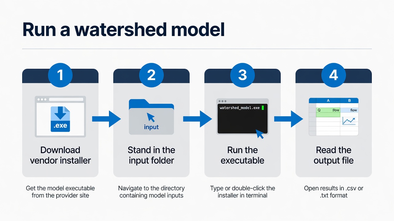 Four steps: download, stand in the folder, run the executable, read the output